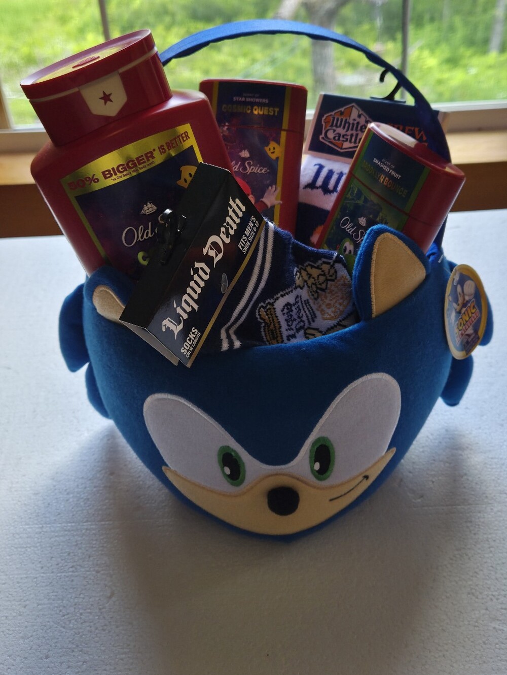 Gaming Gift Basket Sonic, Mario, White Castle, Liquid Death, Fashion Crew Socks